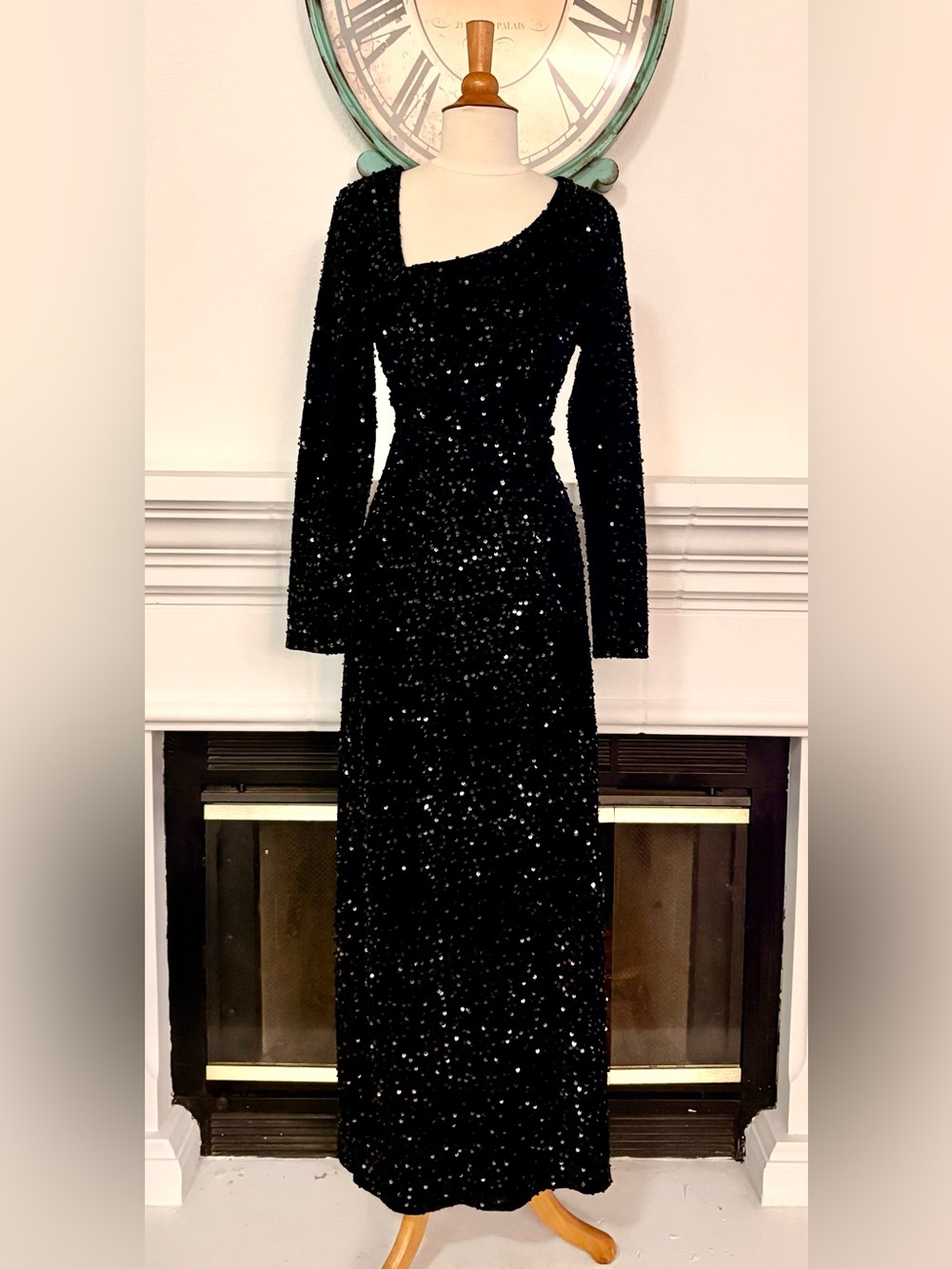 Black Sequin Long-Sleeve Evening Gown